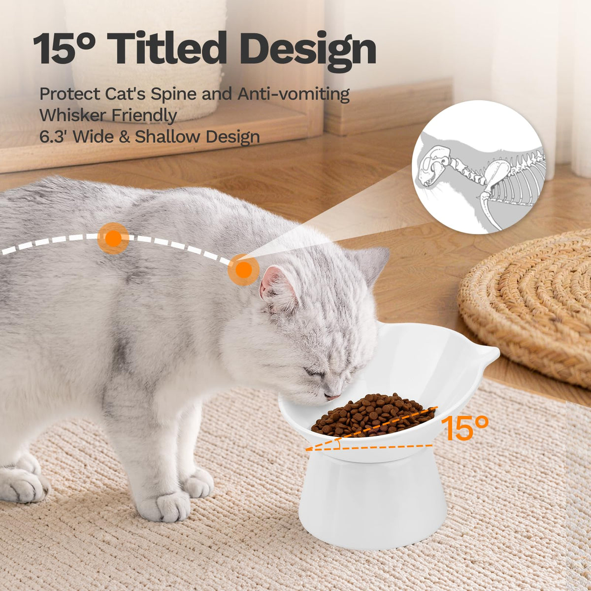 Raised Cat Bowls, 6.3" Extra Wide Shallow Elevated Cat Bowl Detachable, 15° Tilted Whisker Friendly Cat Feeding Bowl, 16oz Capacity, Anti-Vomiting, Neck Protection, Food&Water for Cats Puppies, White