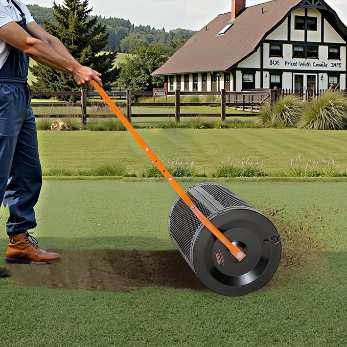VEVOR Compost Spreader, 24 in Wide Peat Moss Spreader with T Shaped Handle, 3 Heights Adjustable, Powder-Coated Steel Garden Peat Moss Roller, Heavy Duty Grass Seed Spreaders for Planting Seeding