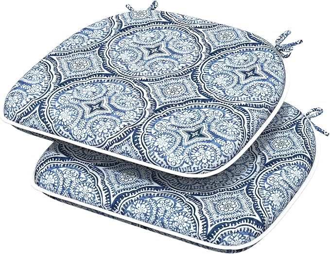 Indoor/Outdoor Chair Cushions 16x17 Inch, Patio Chair Cushions with Ties, All Weather Seat Cushions for Patio Furniture Home Garden Chair Use, Set of 2,Medallion Blue