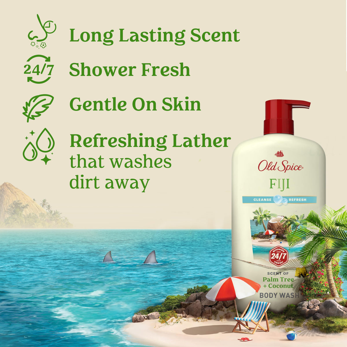 Old Spice Cleansing Body Wash for Men, 24/7 Shower Fresh with Lasting Scent, Cleanse & Refresh, Gentle on Skin, Vitamin B3, Fiji with Palm Tree + Coconut Scent, 25 oz (Pack of 4)