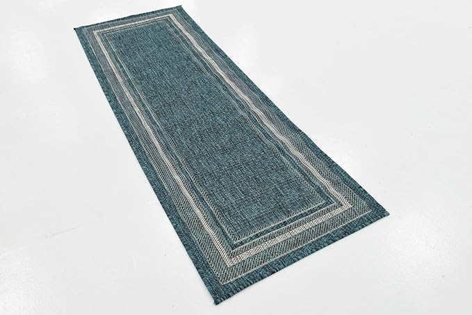 Unique Loom Outdoor Border Collection Area Rug - Soft Border (2'x 6' 1" Runner, Teal/ Ivory)