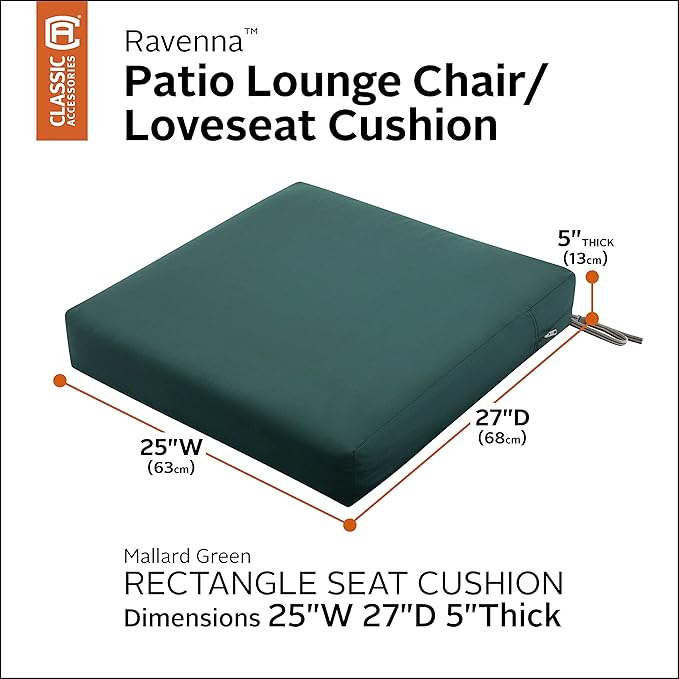 Classic Accessories Ravenna Water-Resistant Patio Lounge Chair/Loveseat Cushion, 25 x 27 x 5 Inch, Mallard Green