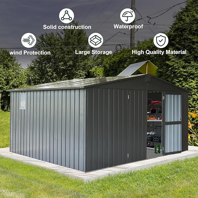 Domi Outdoor Storage Shed 11' x 12.5', Metal Sheds Steel Utility Tool Storage House with Double Lockable Doors & Air Vents for Patio Garden Lawn Backyard, Dark Gray
