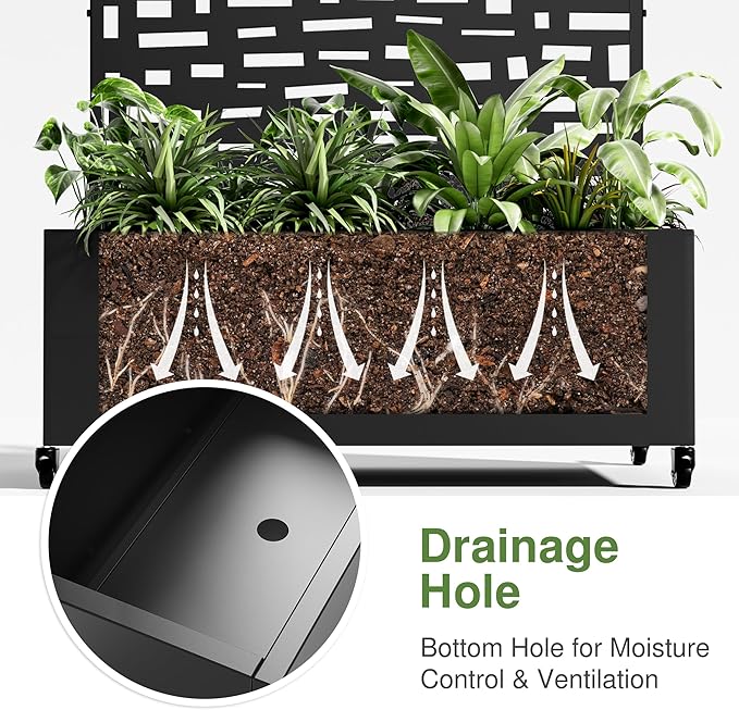 Casaphoria Metal Raised Garden Bed with Trellis and Wheels, 72"x47"x16" Planter Box for Climbing Plants, Vegetables & Vines, Features Drainage Holes and Privacy Screen (Black-Gerald)