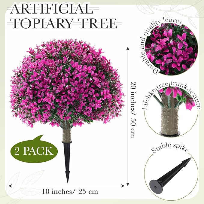 Yunlly 2 Pack 18" Artificial Boxwood Ball Bush Topiary Trees Fake Outdoor Plants, Realistic UV Resistance Faux Shrubs with Spike Greenery Topiary for Front Porch Garden Yard Patio Indoor (Fuchsia)