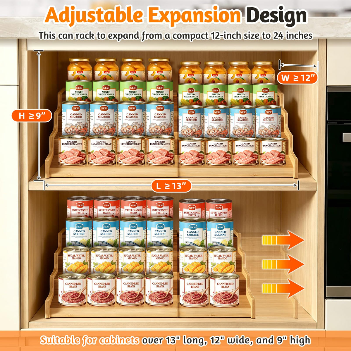 Aclema 4-Tier Bamboo Expandable Can Rack Organizer for Pantry 32 Cans
