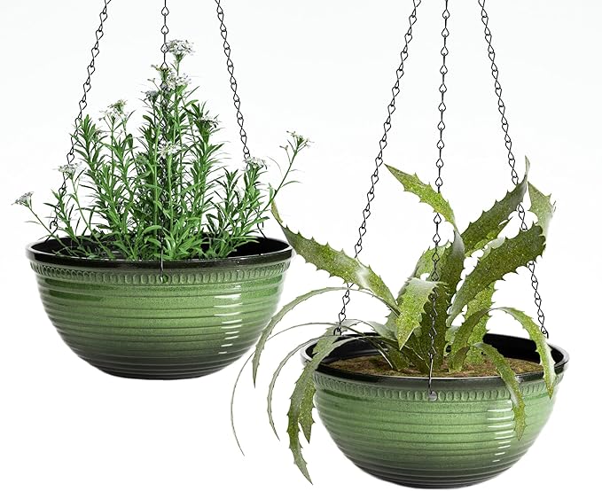 12 inch Hanging Planters for Indoor Outdoor Plants, 2 Pack Large Hanging Flower Pots with Drainage Holes and Chain, Glazed Hanging Baskets for Home Garden Decoration, Green
