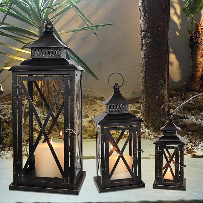 DECORKEY 3PCS (20’’&13’’&9’’) Lanterns Decorative Indoor & Outdoor, Vintage Metal Frame Candle Holders for Front Porch, Patio, Pathway, Balcony, Garden, Yard Decor, Halloween Christmas Decorations
