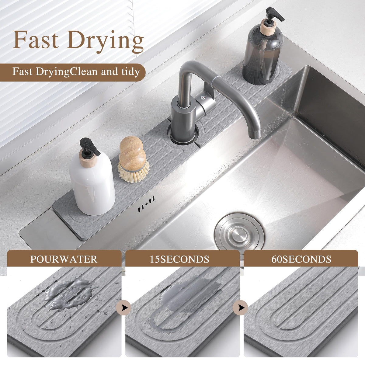 SUXLINA Diatomite Faucet Mat for Kitchen Sink, Quick-Dry Stone-Like Sink Mat, Flat Lay Absorbent Countertop Drying Mat for Faucet Area, Hard Diatomite Mat, Gray, 23.6 x 4 in