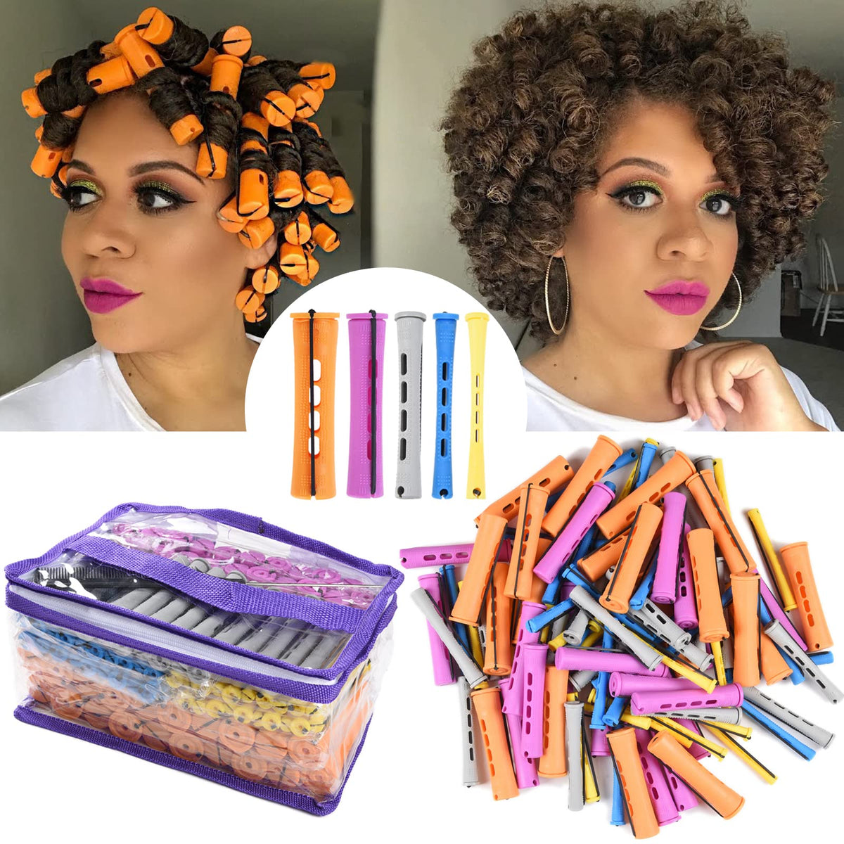 100Pcs Perm Rods Set - 5 Sizes Cold Wave Rollers For Natural Curling, Styling And Hairdressing (Orange, Purple, Gray, Blue, Yell