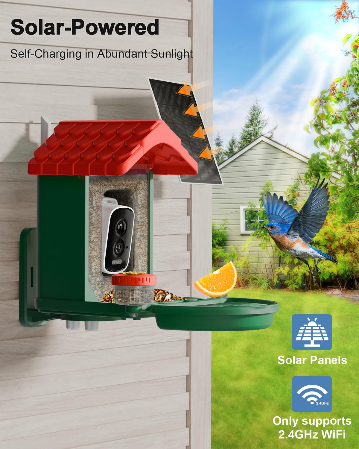 VISIOGEAR 2-in-1 Smart Wild Bird Feeder & Bath with 4K HD Camera, AI Identification Solar Bird Feeder Watching Camera Night Vision for Outdoor Birds Watching Gifts for Birdlover, Red & Green