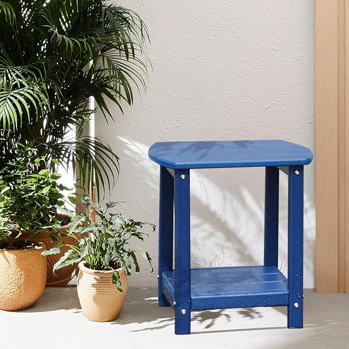 Adirondack Square Outdoor Side Table,2-Tier Storage Patio Side Table, HDPE End Tables for Backyard Pool Porch Garden Lawn(Blue)