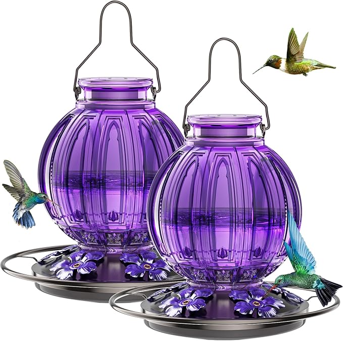 2 Pack Glass Hummingbird Feeder for Outdoors Hanging, Bird Nectar Feeder with Perch & 5 Flower Feeding Ports, 26 Oz Leak Proof for Outside Garden Decor Backyard, Gifts for Women Mom, Purple