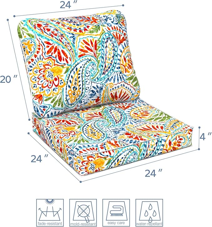 LVTXIII Outdoor Deep Seat Cushion 24"x24"x4" Patio Seat and Back Cushion Set Seasonal Chair Cushion for Dining Arm Chairs, Wicker Chairs and Garden Furniture Decoration, Paisley Multi