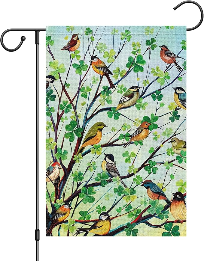 Louise Maelys St Patricks Day Garden Flag Shamrock Bird Tree Welcome Double Sided 12x18 Inch Small Burlap Spring Holiday Yard Outdoor Outside Home Decor