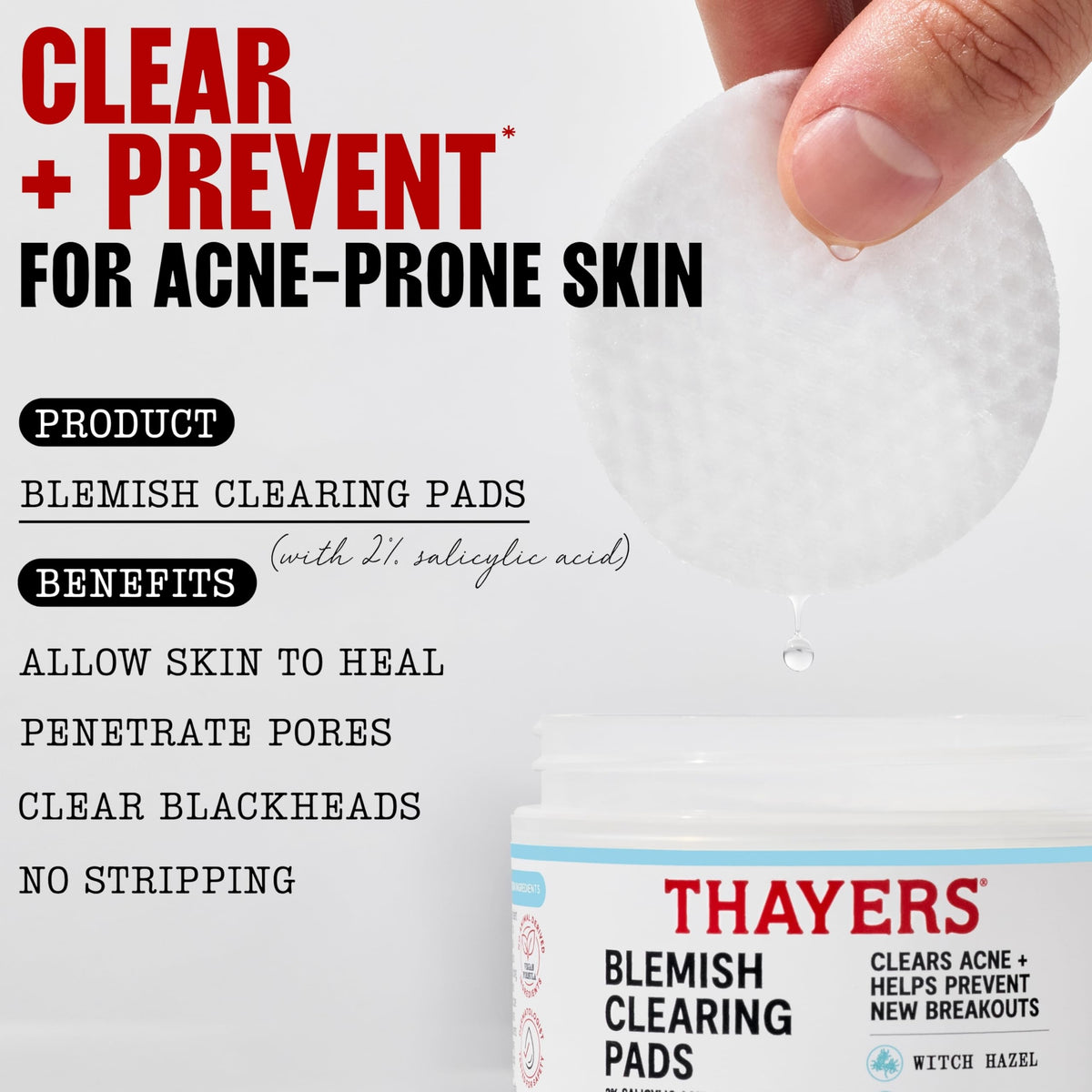 THAYERS Blemish Clearing Acne Pads, Salicylic Acid Acne Treatment, 60 Ct