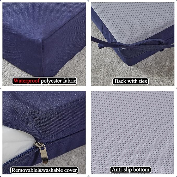 20 x 20 Inch Outdoor Chair Cushions for Patio Furniture UV Resistant Non Slip Waterproof Replacement Patio Seat Cushion with Ties Set of 2, Navy Blue