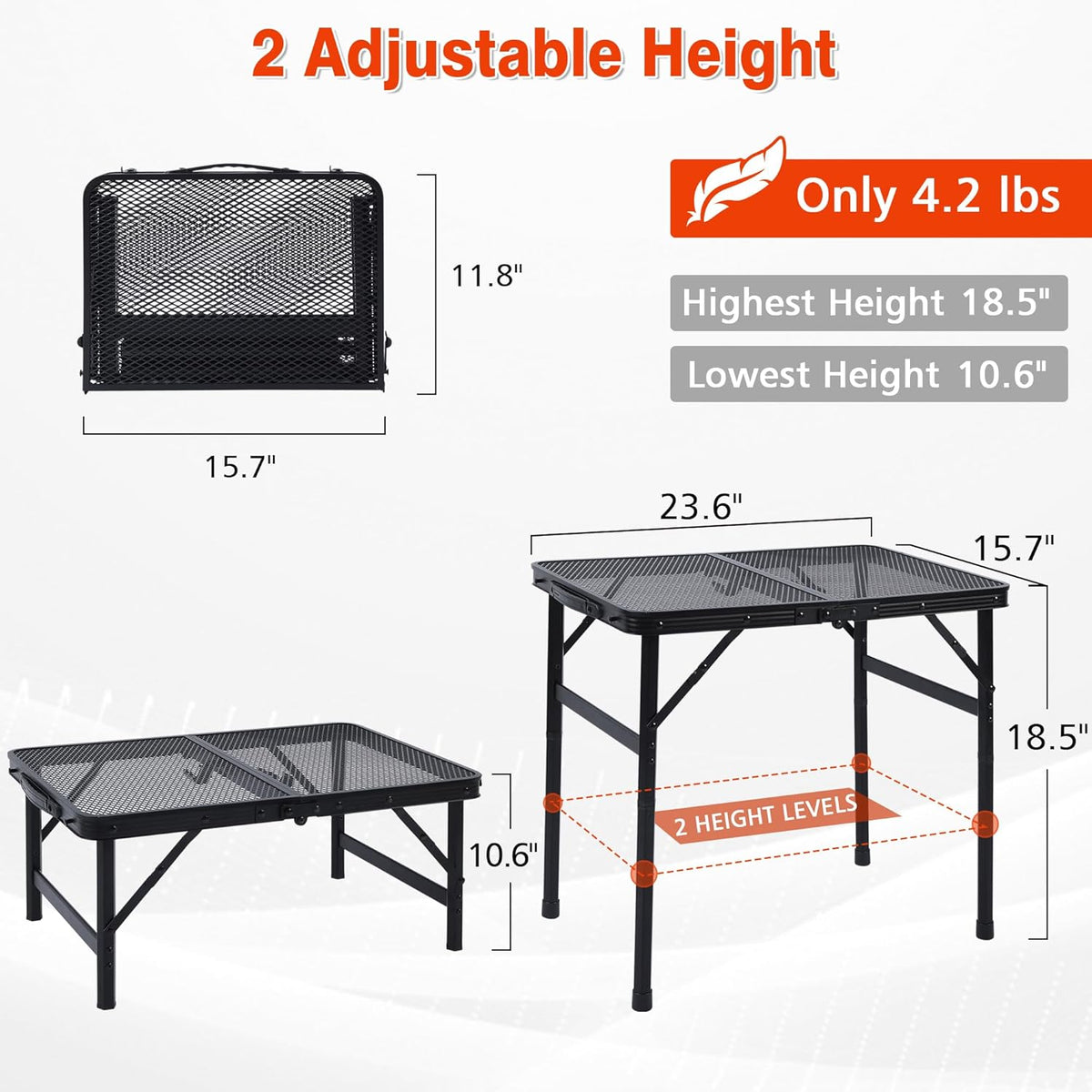 Camping Table, 2x1.3 FT Portable Folding Grill Table, Lightweight Height Adjustable Metal Tables with Mesh Desktop and Mesh Bag, Outdoor Tables for Camping, Picnic, Beach and BBQ, Black