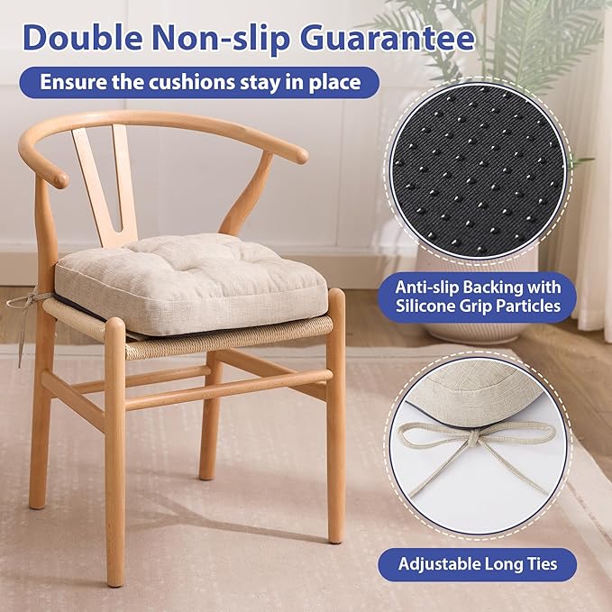 Chair Cushions for Dining Chairs, Dining Chair Cushions, Tufted Indoor Chair Pads with Ties & Non Slip Backing, Seat Cushions for Kitchen Chairs 16.5” x 16.5” x 3.5”, Set of 2, Beige