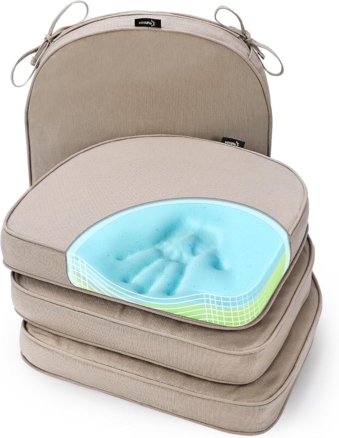 SUNROX Gel Memory Foam Chair Cushions, FadeShield Water-, Stain-Resistant Durable Reversible Seat Cushion Pads with Ties for Indoor/Outdoor Kitchen Dining Office, 19"x19", Set of 4, Husk Birch