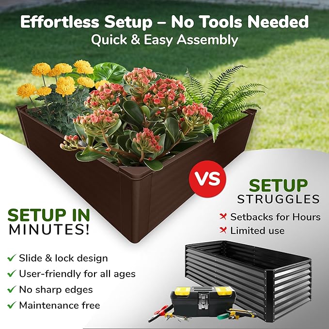 Raised Garden Bed - 4x4 ft Planter Box - Brown HDPE - No Tools Needed - DIY Kit for Urban Gardening, Flowers, Herbs & Vegetables - Made in The USA