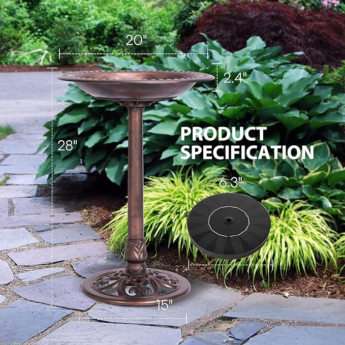 VIVOHOME Polyresin Antique Outdoor Bronze Garden Bird Bath and Solar Powered Round Pond Fountain Combo Set
