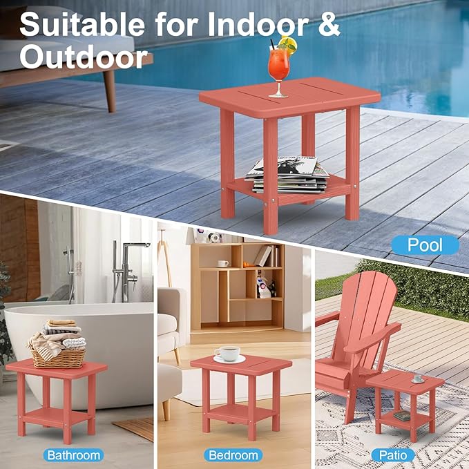 Outdoor Side Table - 2-Tier Storage All Weather Outdoor End Table for Patio - HDPE Morden Easy Maintenance Adirondack Side Table for Pool Porch Balcony Garden Lawn Backyard Outside Indoor