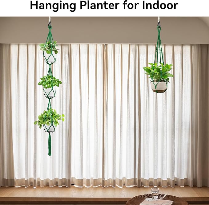 USLAI Macrame Plant Hanger Indoor Outdoor, Up to 4-15 inch Pot, Heavy 20lb Planters, Extra Long Strong Hanging Planter Basket Holder, Boho Home Decor, 35+72 Inch, Green (POTS NOT Included)