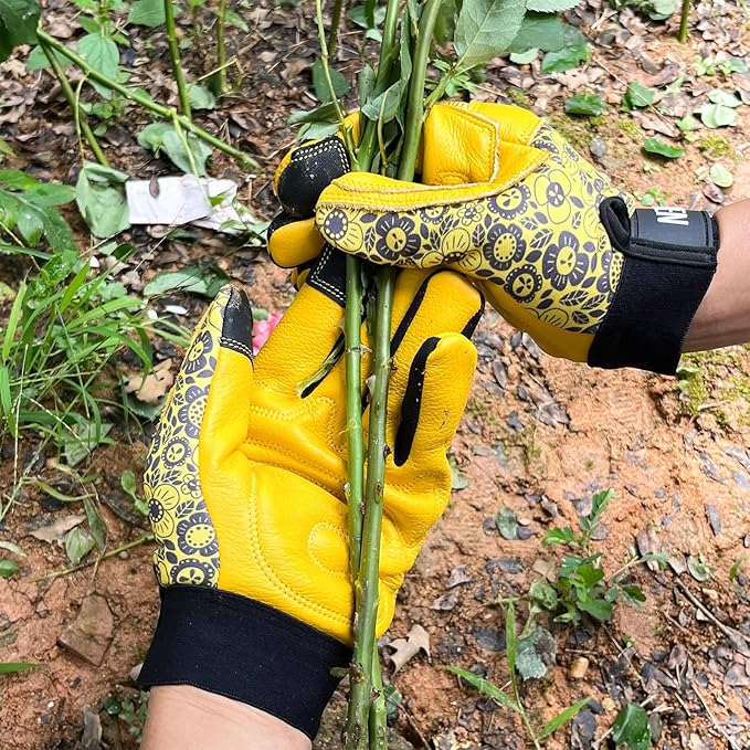 Cowhide Leather Thorn Proof & Puncture Resistant Gardening Gloves for Women and Men, Touchscreen Compatible Working Gloves for Weeding, Digging, Planting, Gardening Gifts for Women (Size Medium)