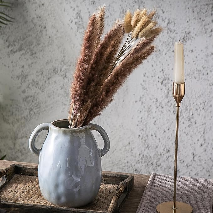 Kimdio Ceramic Vase with 2 Handles, Modern Farmhouse Grey Vase for Home Decor, Rustic Pottery Vase, Boho Decorative Terracotta for Flowers, Clay Pampas Grass Vases for Living Room Dining Table Shelves