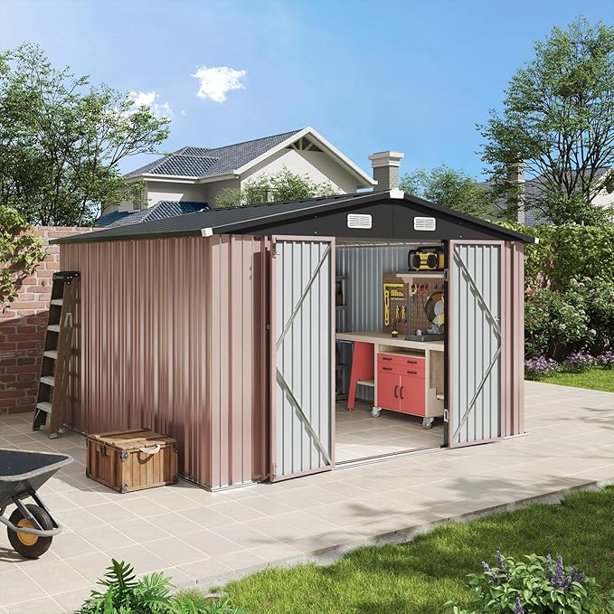 Aoxun 10x10 FT Outdoor Storage Shed Garden Metal Shed with Lockable Door Outdoor Large Shed for Tool, Garbage Can, Bike, Mower, Brown