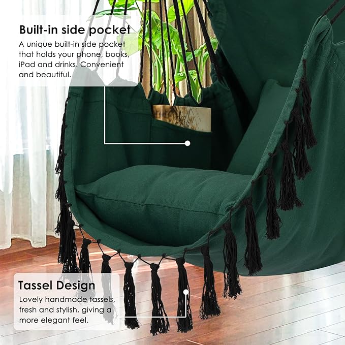Y- STOP Hammock Chair Hanging Rope Swing, Max 500 Lbs, 2 Cushions Included, Large Macrame Hanging Chair with Pocket for Superior Comfort, with Hardware Kit, Green