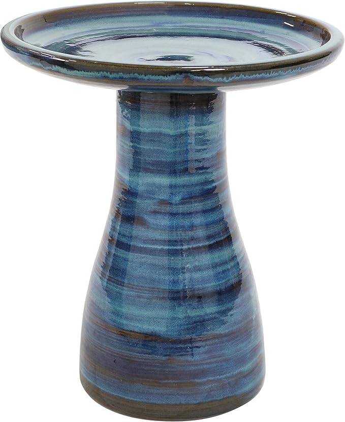 Sunnydaze 21" H Ceramic Bird Bath for Outside - Hand-Painted Outdoor Bird Bath Bowl, UV/Frost-Resistant Finish - Galaxy Blue - Classic Pedestal