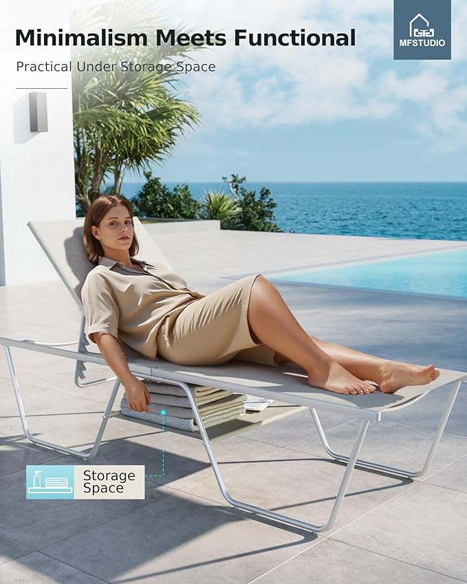 MFSTUDIO Outdoor Chaise Lounge Chair, Patio Recliner Lounge Chair with 5 Adjustable Positions, Patio Pool Tanning Lounger Chair, Textilene, All Weather Use