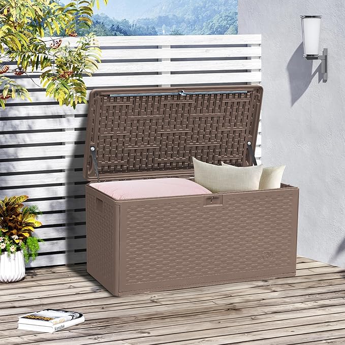 Premium Pro Edition 73 Gallon Lockable Resin Deck Box, Waterproof & UV-Resistant Outdoor Storage Box for Outdoor Cushion Storage, Garden Tools & Pool Accessories Storage, Brown