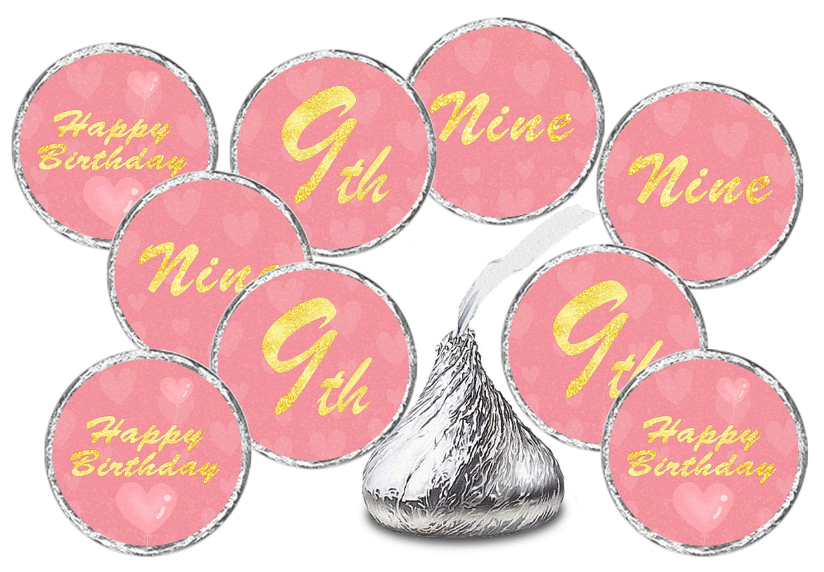 9th Birthday Kisses Stickers, Nine Pink Kiss Labels for Girl Happy Birthday Party, Chocolate Drop Tabletop Decorations, Candy Not Included. Made in
