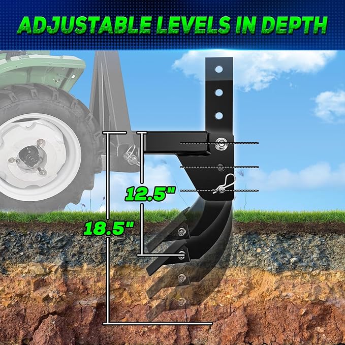 3 Point Trencher Ripper Attachment fit 2" Receivers, Hitch Mounted Ripper for Tractor Lawn Mower ATV UTV, Adjustable Subsoiler Plow with Replacement Plough Blade in Garden Farm Bury Pipes Sow Seeds