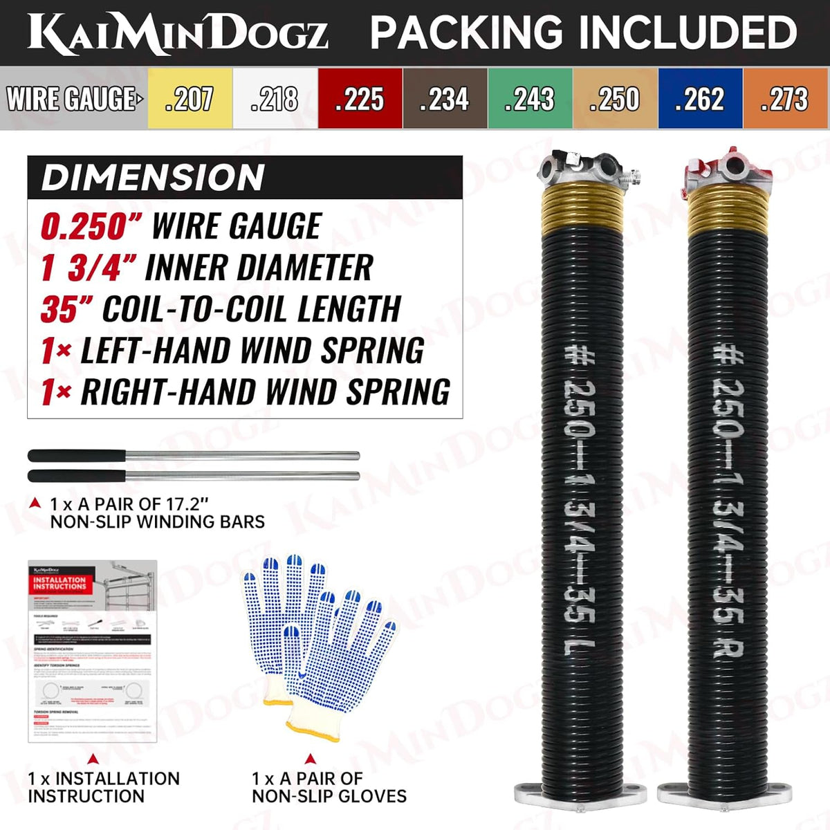 Pair of 1.75" Garage Door Torsion Springs Set with Non-Slip Winding Bars&Gloves, High Precision Electrophoresis Oil-Free Black Coated for Replacement, MIN 16,000 Cycles (0.250 x 1.75"x 35")