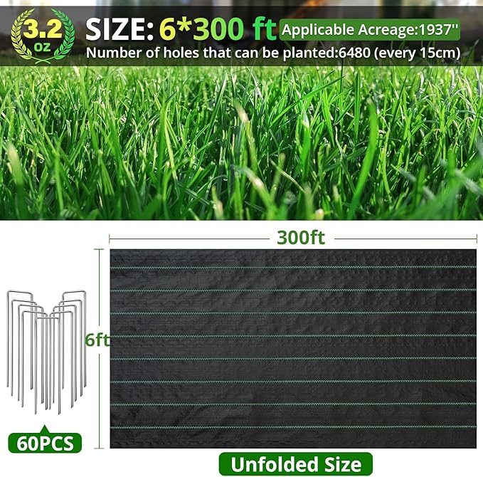 6FT x 300FT Weed Barrier Landscape Fabric, 3.2oz Heavy Duty Woven Geotextile with 60 U-Shaped Pegs & Pre-Printed Cutting Lines, Ground Cover Colth Garden Bed Liner for Landscape, Driveway, Greenhouse