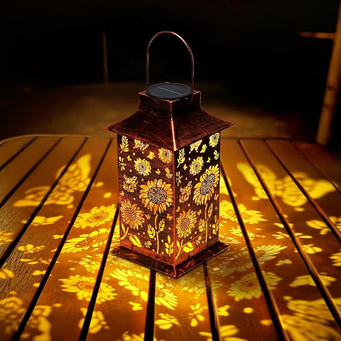 Homemory Sunflower Solar Lanterns Waterproof, Metal Hanging Hollowed-Out Metal Decor Lantern, LED Outdoor Decoration for Outside LED Lanternse for Yard, Backyard, Porch, Lawn