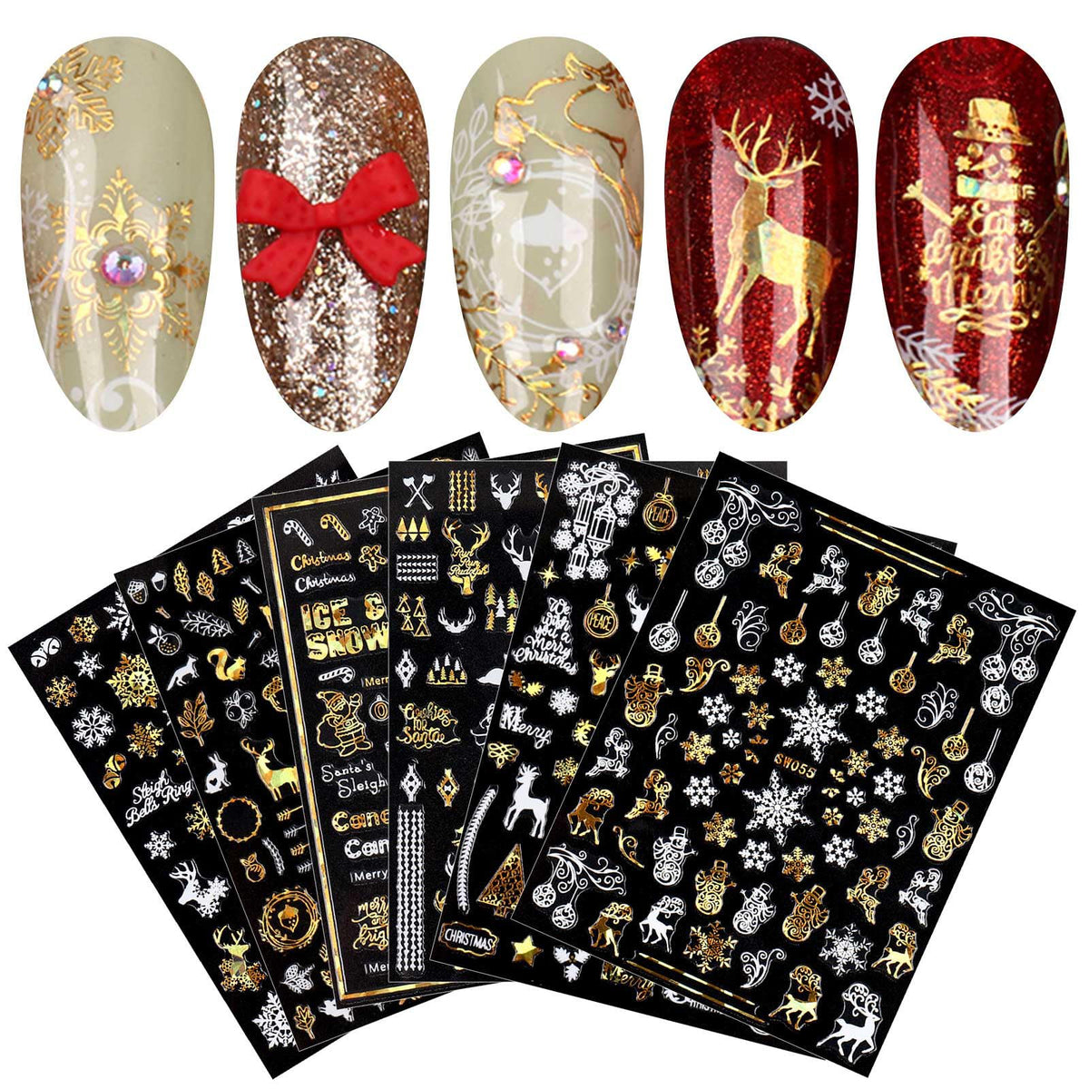 9 Sheets Christmas Nail Art Stickers Decals Self-Adhesive Pegatinas Uas Gold White Nail Supplies Nail Art Design Decoration Acce