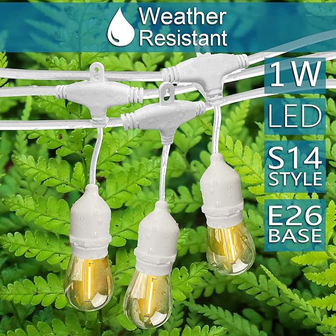 Banord White Outdoor String Lights, Commercial Grade Patio Lights with 30 1W S14 Dimmable Shatterproof LED Bulbs, Heavy Duty Hanging Lights for Outdoor, Waterproof String Lights 96ft (2x48ft)