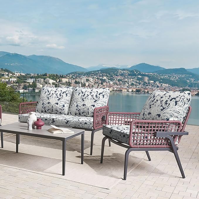 LVTXIII Outdoor/Indoor Deep Seat Cushion Patio Seat and Back Cushion Set All-Weather Replacement Chair Cushion for,Wicker Chairs and Garden Furniture Decoration, 24"x24"x4", Damask Lapis