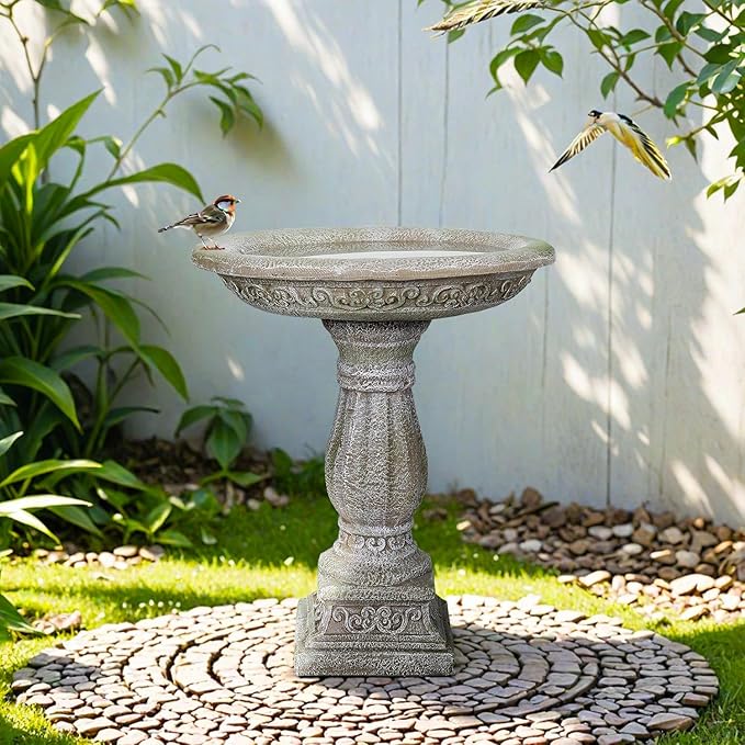 SunJet 23.8” H x 20” Dia Outdoor Birdbath with Exquisite Carvings Pedestal - Fibre Reinforced Concrete Birdbaths, Neoclassical Style Design for Garden Decor & Bird Attraction