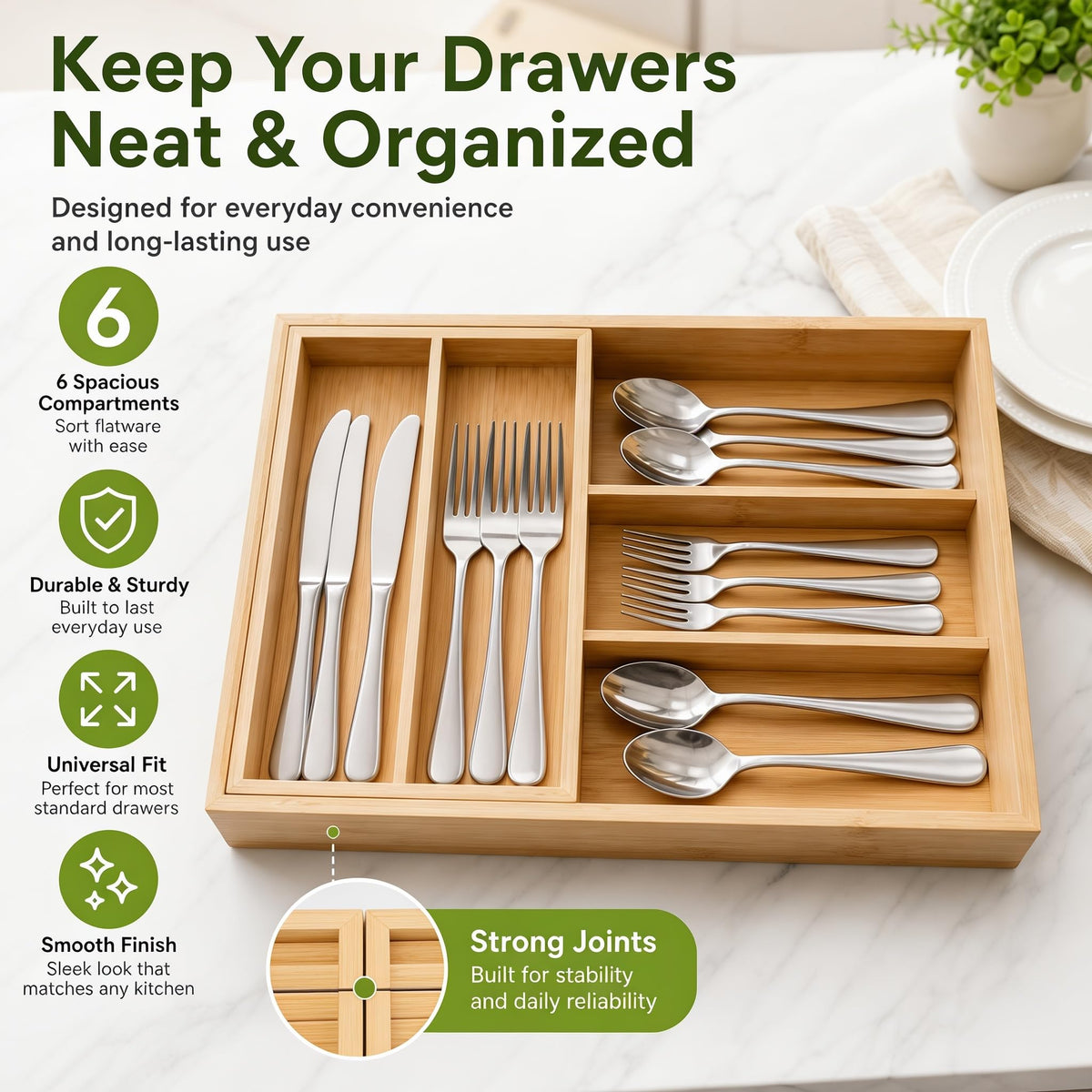 Bamboo 2-Tier Utensil Organizer for Kitchen Drawer Modular Pantry Organizer
