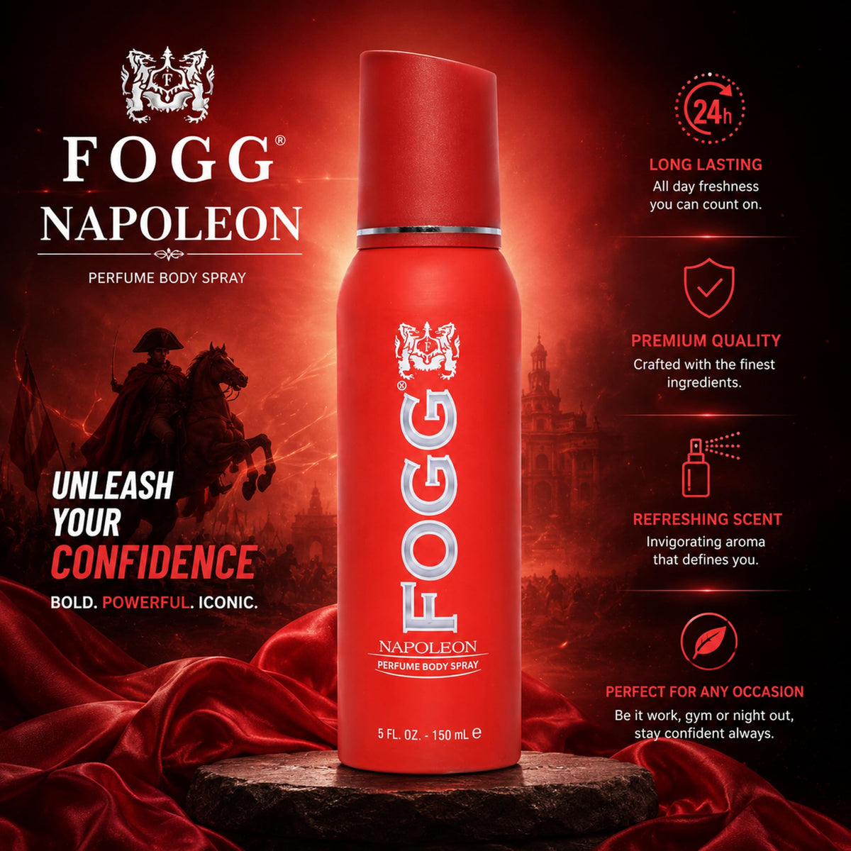Napoleon by Fogg - Perfume-Based Body Spray for Men - Spicy Woody Fragrance Body Spray - Opens with Notes of Bergamot, Aldehydes, and Rose - 5 oz
