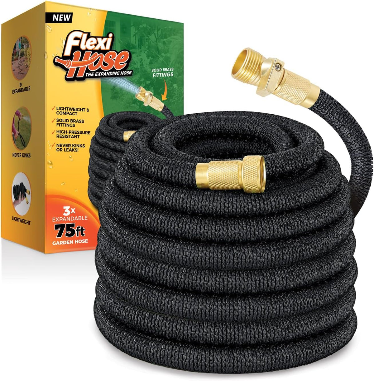 Flexi Hose Lightweight Expandable Garden Hose, No-Kink Flexibility, 3/4 Inch Solid Brass Fittings and Double Latex Core (75 FT, Black)