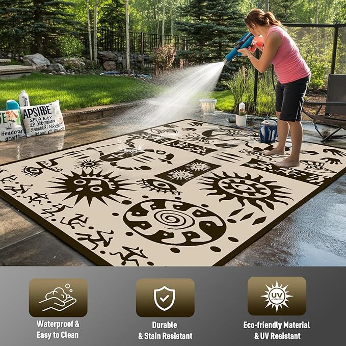 WILDROOTS 5x8 Feet Plastic Tribal Outdoor Rug, Stain Resistant Waterproof Reversible Outdoor Patio Rug, Fade Resistant Camping Rug (Ivory Beige)
