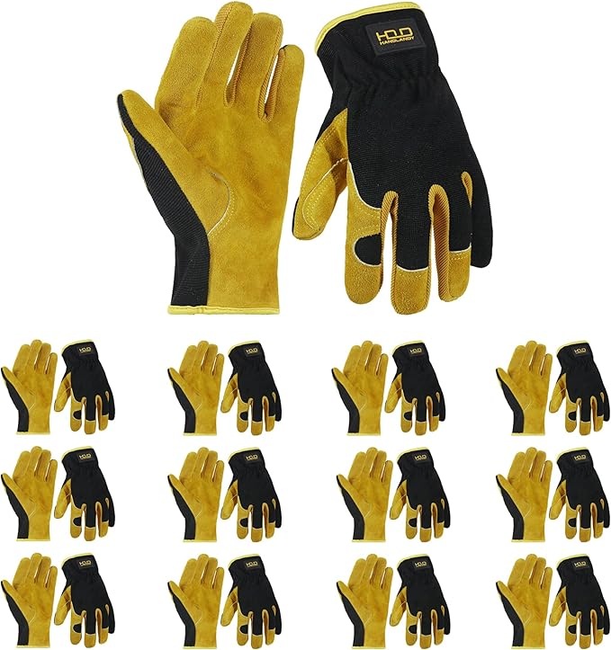 HANDLANDY Leather Work Gloves for Men & Women, Reinforced Durable Garden Gloves, Cowhide Working Glove for Gardening
