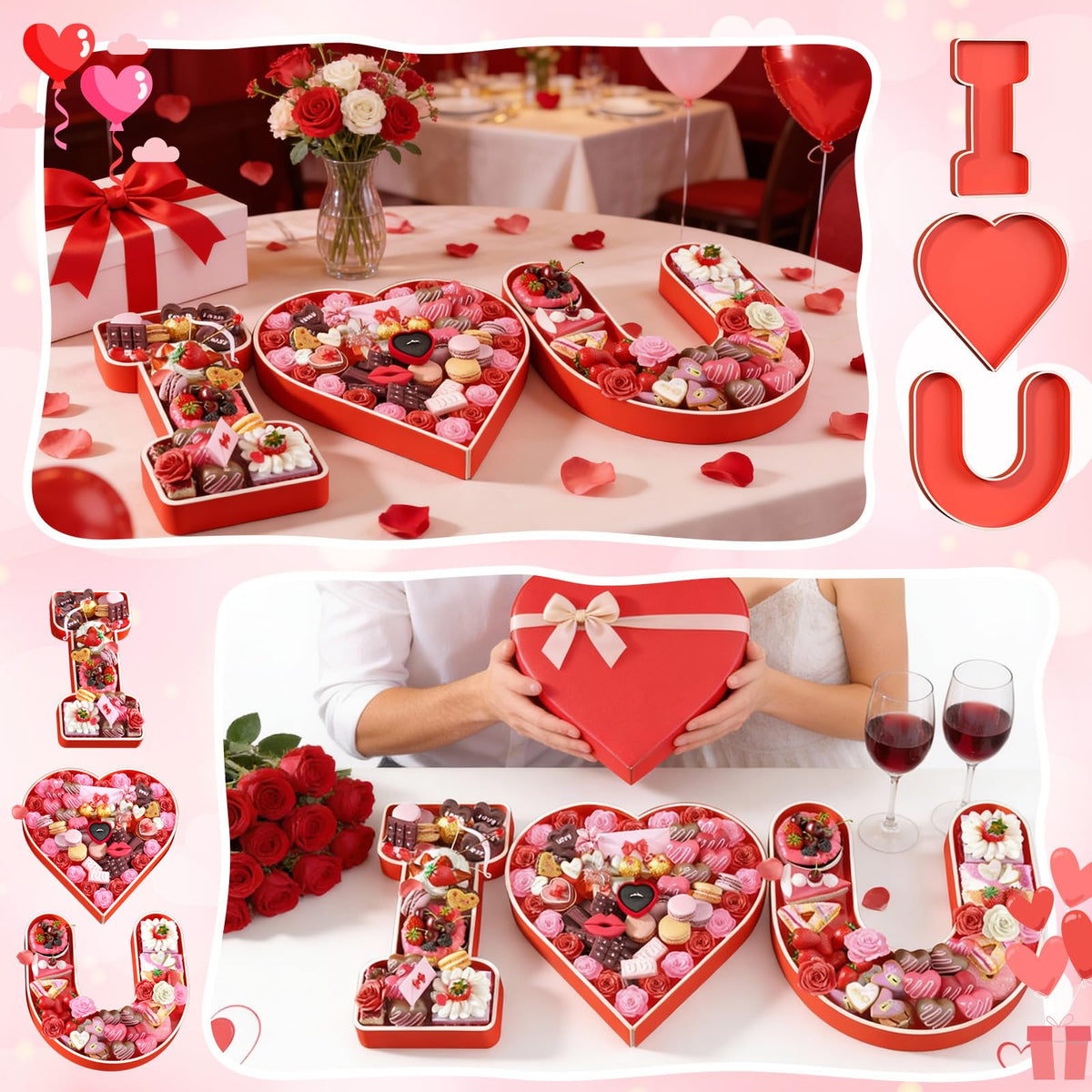 Valentine’s Charcuterie Cardboard Letter I Love U, 13.78" Red Heart Shape Fillable Board for Food, Chocolates, Cupcakes, Flowers, Roses, Candies